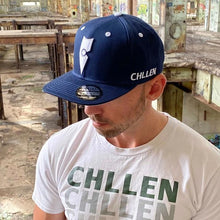 Load image into Gallery viewer, navy blue white snapback hat cap lifestyle wear chllen chillen clothing chillin apparel white tee shirt