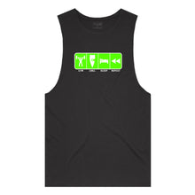 Load image into Gallery viewer, adult-mens-black-fluro-green-tank-top-gym-chill-sleep-repeat-chllen-lifestyle-wear