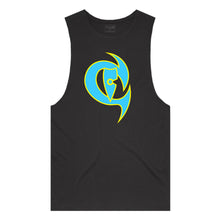 Load image into Gallery viewer, adult-mens-black-fluro-light-blue-yellow-two-tone-gym-wear-tank-top-singlet-shirt-evolve-chllen-lifestyle-wear