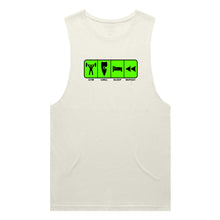 Load image into Gallery viewer, adult-mens-ecru-fluro-green-tank-top-gym-chill-sleep-repeat-chllen-lifestyle-wear