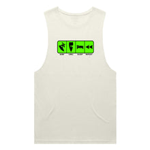 Load image into Gallery viewer, adult-mens-ecru-fluro-green-tank-top-surf-chill-sleep-repeat-chllen-lifestyle-wear