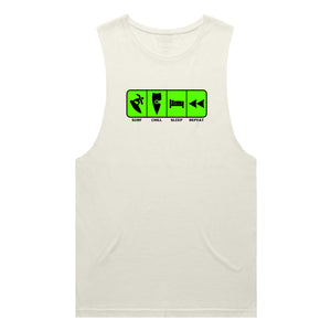 adult-mens-ecru-fluro-green-tank-top-surf-chill-sleep-repeat-chllen-lifestyle-wear