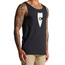 Load image into Gallery viewer, adult-mens-stylish-black-white-grey-two-tone-gym-wear-tank-top-singlet-shirt-emblem-chllen-lifestyle-wear-model-angle