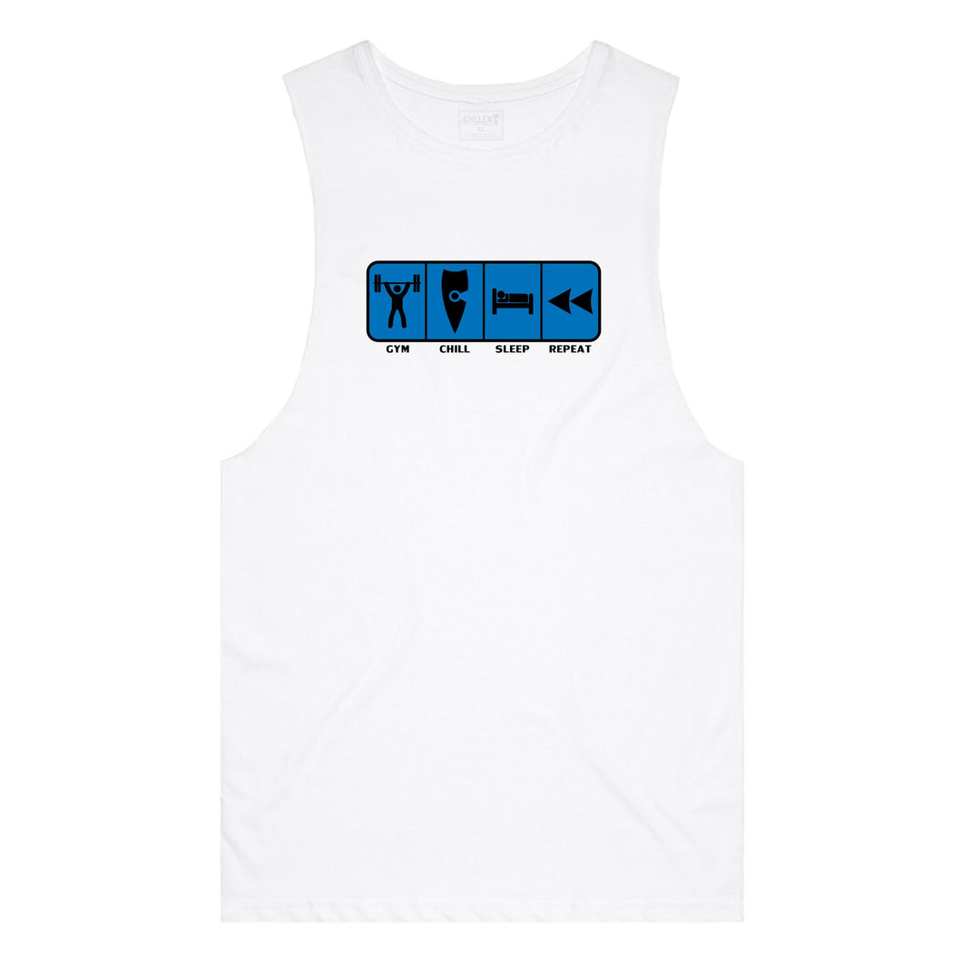 adult-mens-white-blue-tank-top-gym-chill-sleep-repeat-chllen-lifestyle-wear