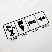 Load image into Gallery viewer, kids white gaming game shirt eat sleep game repeat kids white tee shirt gaming game chill sleep repeat shirt