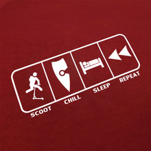 Load image into Gallery viewer, kids red scooter scoot shirt eat sleep scoot repeat kids red tee shirt scootering scoot chill sleep repeat shirt