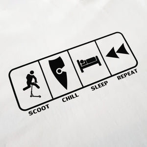 kids white scooter scoot shirt eat sleep scoot repeat mens white tee shirt scootering scoot chill sleep repeat logo
