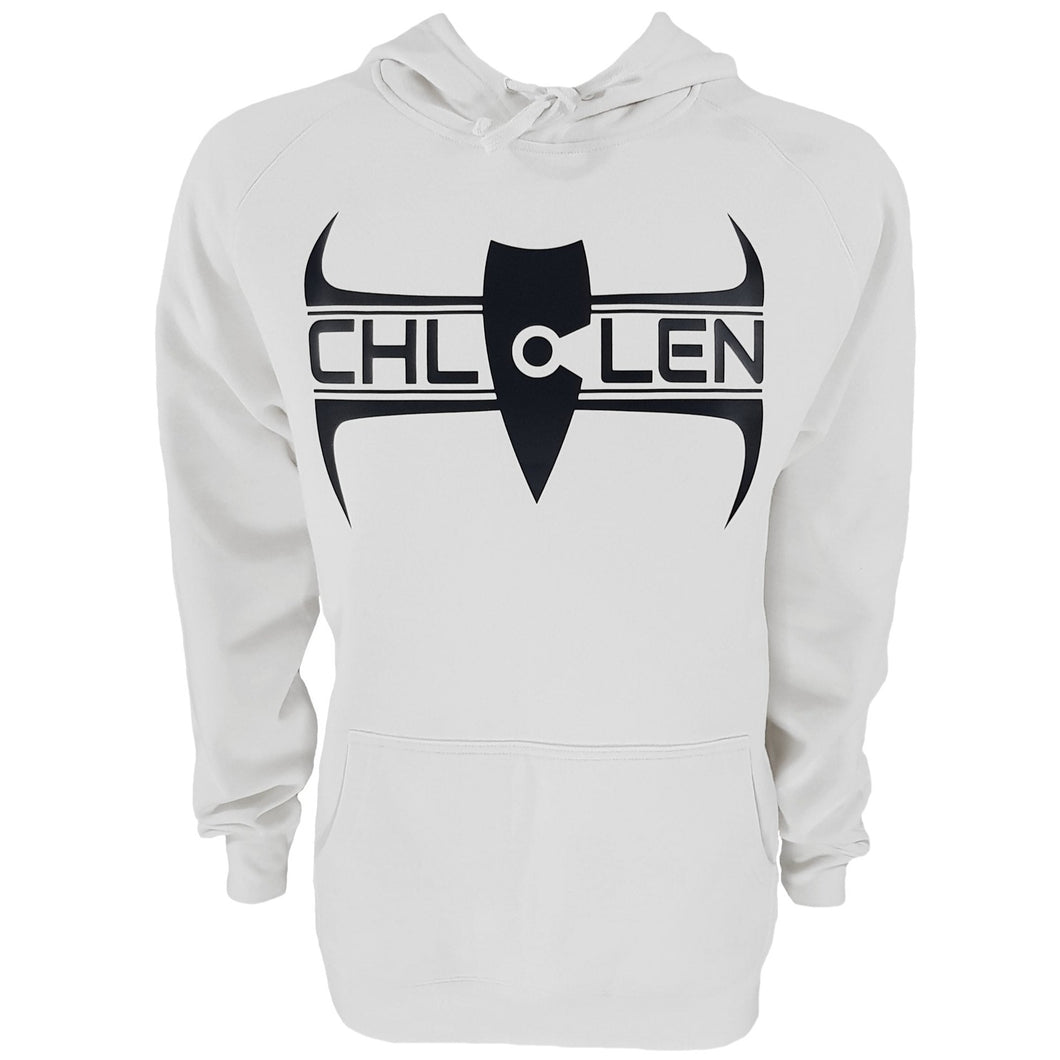 chllen lifestyle wear adults mens stylish white hoodie brand logo deluxe front