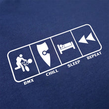 Load image into Gallery viewer, chllen lifestyle wear eat sleep bmx repeat mens blue tee shirt bmx chill sleep repeat logo