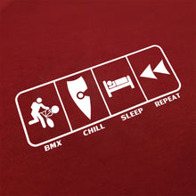 Load image into Gallery viewer, chllen lifestyle wear eat sleep bmx repeat mens red tee shirt bmx chill sleep repeat logo