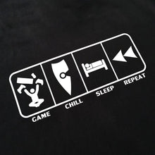 Load image into Gallery viewer, chllen lifestyle wear eat sleep game repeat mens black tee shirt game chill sleep repeat logo