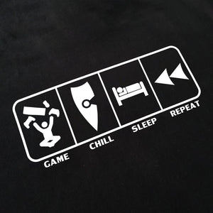 chllen lifestyle wear eat sleep game repeat mens black tee shirt game chill sleep repeat logo