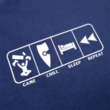Load image into Gallery viewer, chllen lifestyle wear eat sleep game repeat mens blue tee shirt game chill sleep repeat logo