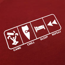Load image into Gallery viewer, chllen lifestyle wear eat sleep game repeat mens red tee shirt game chill sleep repeat logo