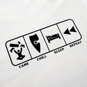 chllen lifestyle wear eat sleep game repeat mens white tee shirt game chill sleep repeat logo