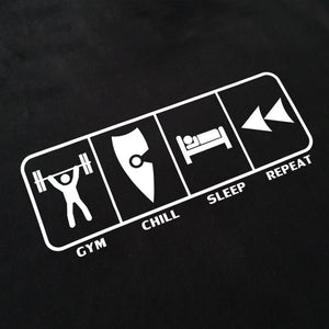 chllen lifestyle wear eat sleep gym repeat mens black tee shirt bodybuilding gym chill sleep repeat logo