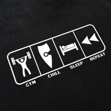 Load image into Gallery viewer, chllen lifestyle wear eat sleep gym repeat mens black tee shirt bodybuilding gym chill sleep repeat logo