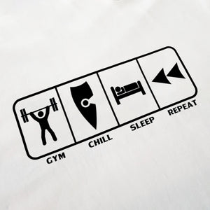 chllen lifestyle wear eat sleep gym repeat mens white tee shirt bodybuilding gym chill sleep repeat logo