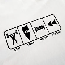 Load image into Gallery viewer, chllen lifestyle wear eat sleep gym repeat mens white tee shirt bodybuilding gym chill sleep repeat logo