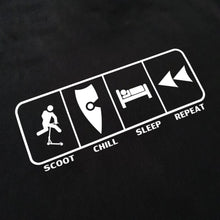 Load image into Gallery viewer, chllen lifestyle wear eat sleep scoot repeat mens black tee shirt scootering scoot chill sleep repeat logo