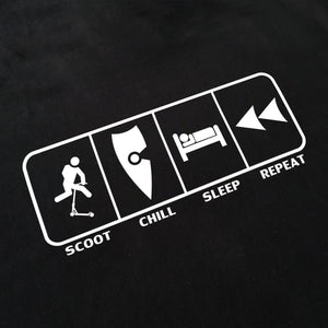 chllen lifestyle wear eat sleep scoot repeat mens black tee shirt scootering scoot chill sleep repeat logo