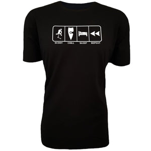 chllen lifestyle wear eat sleep scoot repeat mens black tee shirt scootering scoot chill sleep repeat shirt