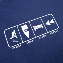 Load image into Gallery viewer, chllen lifestyle wear eat sleep scoot repeat mens blue tee shirt scootering scoot chill sleep repeat logo