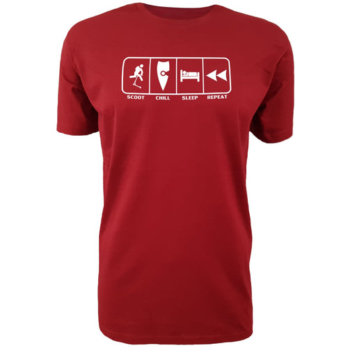 chllen lifestyle wear eat sleep scoot repeat mens red tee shirt scootering scoot chill sleep repeat shirt