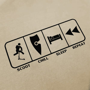 chllen lifestyle wear eat sleep scoot repeat mens tan tee shirt scootering scoot chill sleep repeat logo