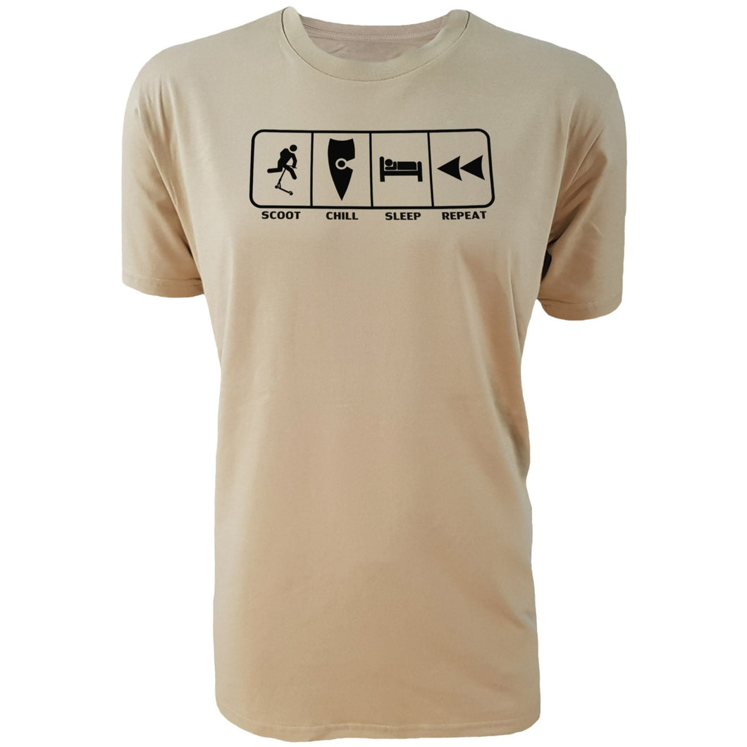 chllen lifestyle wear eat sleep scoot repeat mens tan tee shirt scootering scoot chill sleep repeat shirt