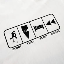 Load image into Gallery viewer, chllen lifestyle wear eat sleep scoot repeat mens white tee shirt scootering scoot chill sleep repeat logo