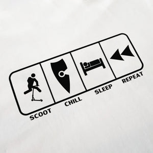 chllen lifestyle wear eat sleep scoot repeat mens white tee shirt scootering scoot chill sleep repeat logo