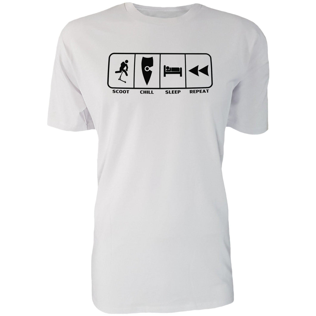 chllen lifestyle wear eat sleep scoot repeat mens white tee shirt scootering scoot chill sleep repeat shirt
