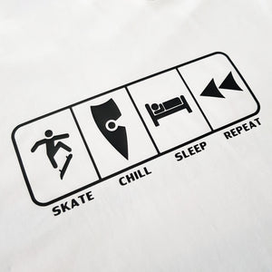 chllen lifestyle wear eat sleep skate repeat mens white tee shirt skateboarding skate chill sleep repeat logo