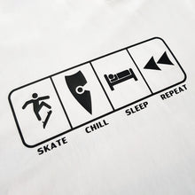 Load image into Gallery viewer, chllen lifestyle wear eat sleep skate repeat mens white tee shirt skateboarding skate chill sleep repeat logo