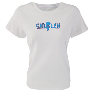 chllen lifestyle wear womans white tee shirt tops light blue purple brand logo